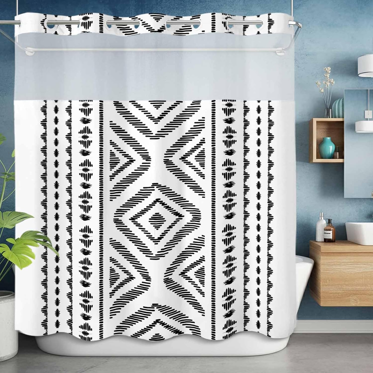 Black White Bohemian No Hook Shower Curtain with Snap in Liner, Vintage Farmhouse Waterproof Shower Curtains with See Through Top Window Liner for Bathroom, 66x72 Inches