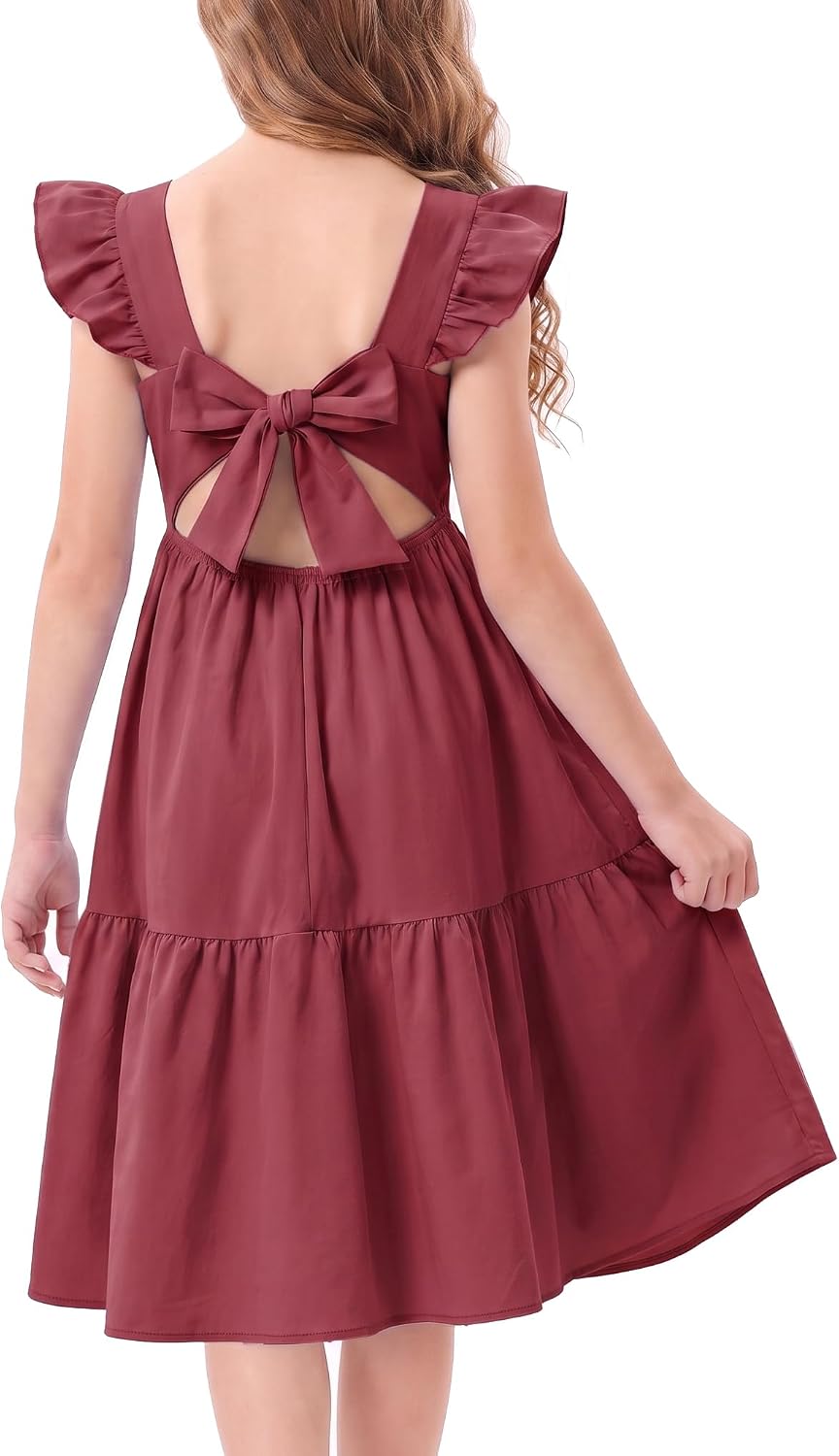 NEW 6-14 Years Girls Dress Flutter Sleeve Square Neck Backless Bow Party Dress Wedding Guest Summer Sundress