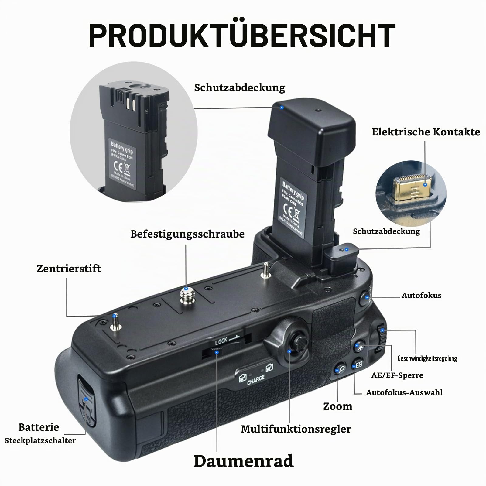 Verbesserter R5/R6 Batteriegriff BG-R10, kompatibel mit Canon EOS R5 R5C R6 R6 Mark II Kameras, Synchronisation der Funktionen, bietet Platz für 2 LP-E6/N/NH wiederaufladbare Lithium-Ionen-Akkus