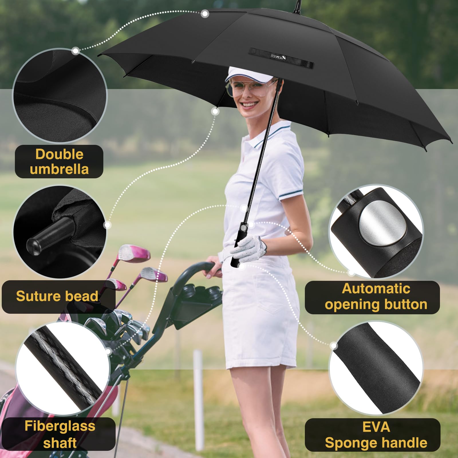 ZOMAKE Ombrello da golf antivento e antipioggia 172,7 cm, grande ombrello antivento forte, infrangibile, grande ombrello da golf, doppio baldacchino, per uomini e donne