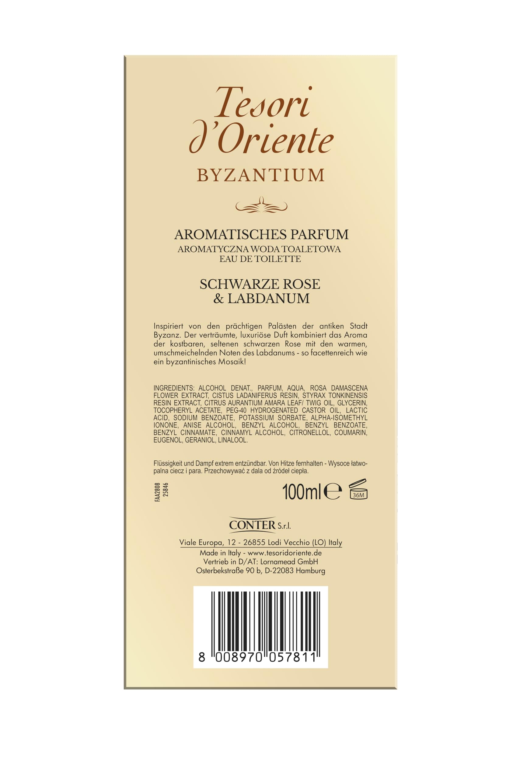 Tesori d'Oriente EDT Byzantium 100 ml, aromatyczne perfumy (czarna róża i ladanum), w aluminiowym flakonie, rytuał wellness dla ciała i zmysłów
