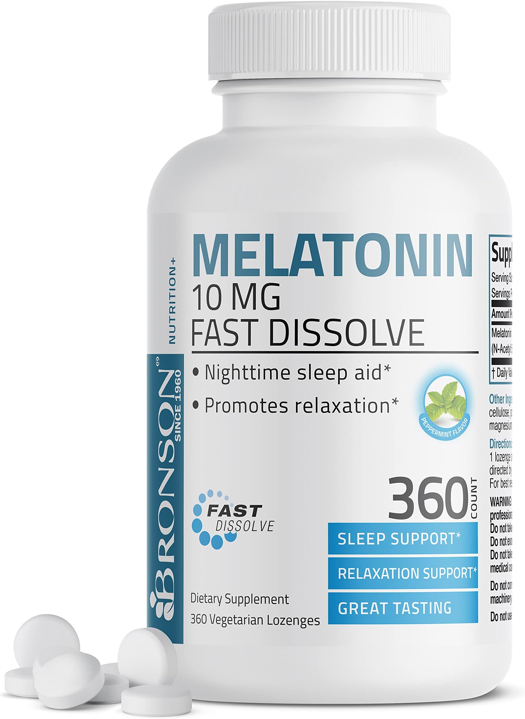 Melatonin 10 MG Fast Dissolve Peppermint Tablets, Promotes Relaxation, 360 Chewable Vegetarian Lozenges