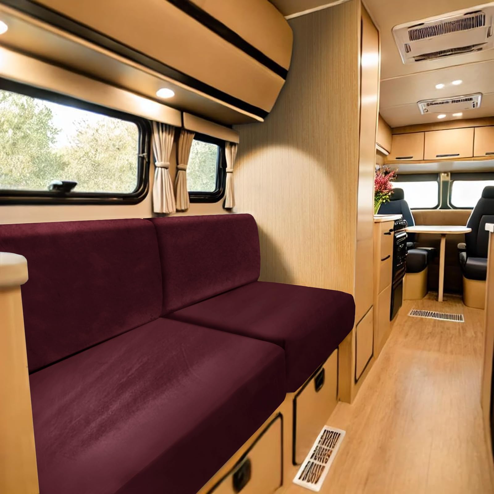 SYLC Stretch Caravan Seat Covers, Non-slip Motorhome Seat Covers for Lounge with 2 Straps, Velvet Sofa Cushion Covers for Couch Camper Bench (wine red,Rectangle 4XL) โ image 1