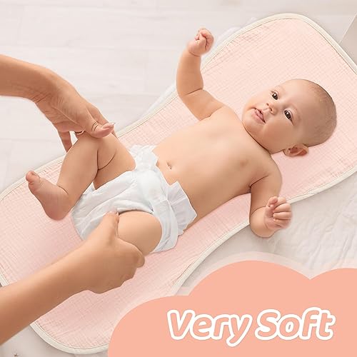 Miniatura 4 de HOMBYS Cambiador de cambiador para cambiador, funda lavable para cambiador, impermeable, 100% muselina de algodón, paquete de 3, blanco crema, rosa