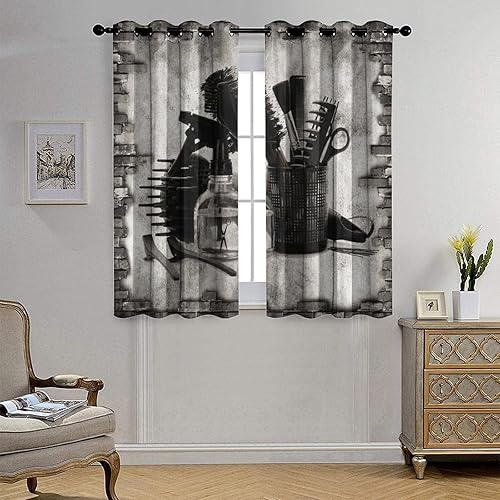 Miniatura 4 de Cortinas con patrón de salón de belleza para dormitorio, decoración retro de peluquería, con aislamiento térmico, oscurecimiento de la habitación,