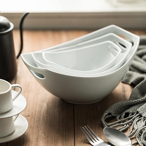 Miniatura 6 de Gomakren Tazones para servir con asas, platos para servir, cuencos de ensalada de porcelana para entretenimiento, juego de 3, aptos para microondas