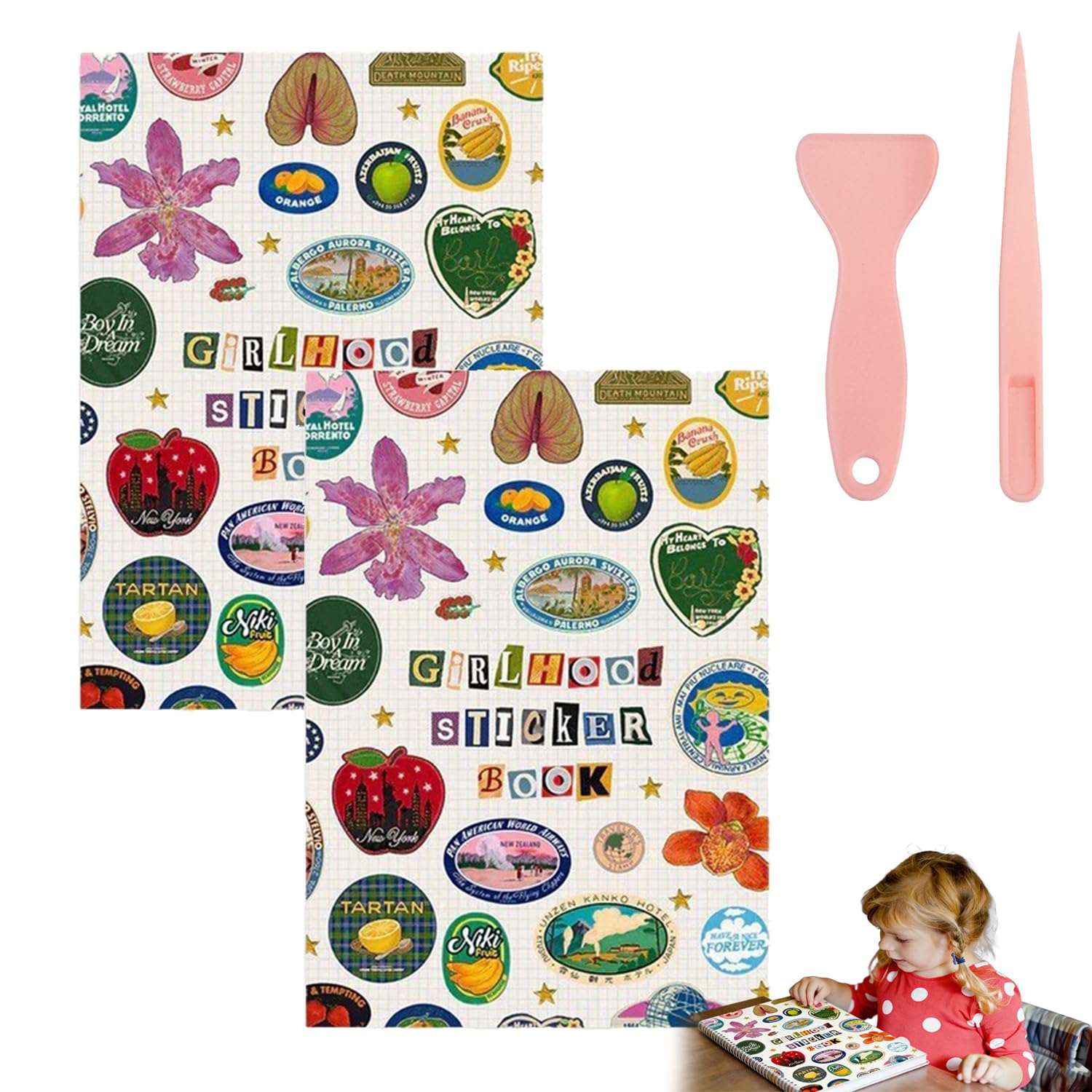 Książka z naklejkami dla dziewczynek, 1260 arkuszy, 55 stron, estetyczne naklejki w stylu retro, do pamiętników, inspirowane stylem vintage, materiały do scrapbookingu, deskorolki, rękodzieła, 2 szt