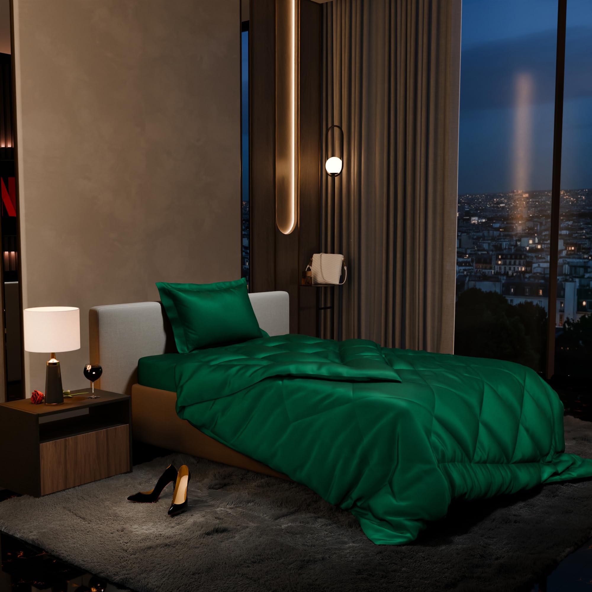 Stoa Paris 300 Tc Satin Comforter Set Single Bed with Satin Bedsheet & Pillow Covers, Complete Bedding Set, Ideal Gifts for Couples, Bedroom Home Furnishing, Date Night Collection - Emerald Green