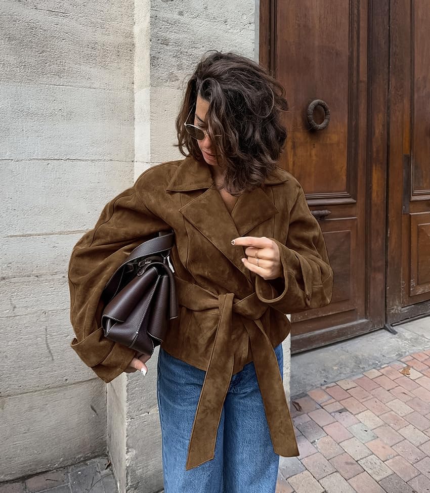 VOIKERDR Brown Suede Jacket Women Trendy Faux Suede Jacket with Belt Winter Outfits Outwear3