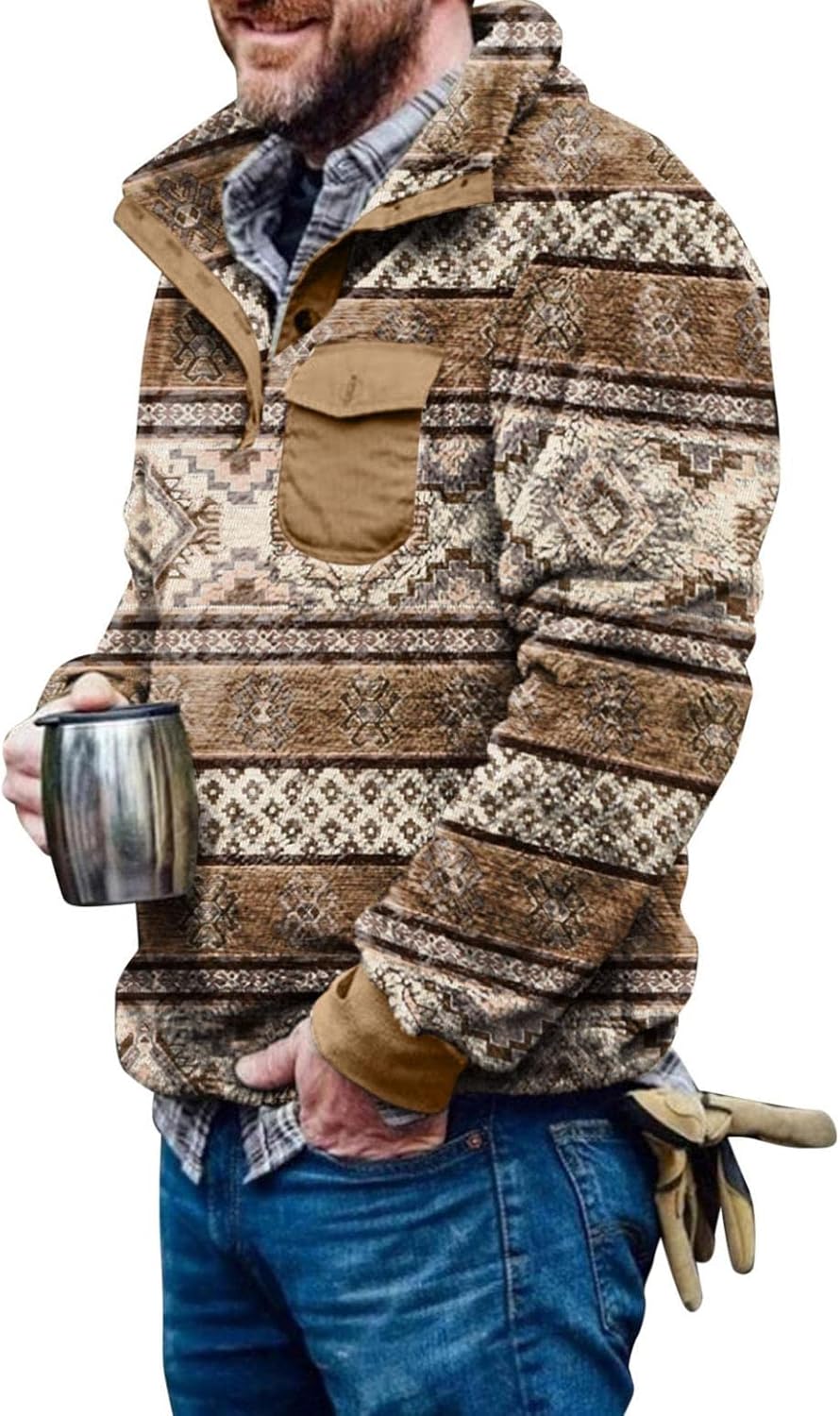 Mens Fuzzy Sherpa Pullover Sweatshirts Western Aztec Printed Fleece