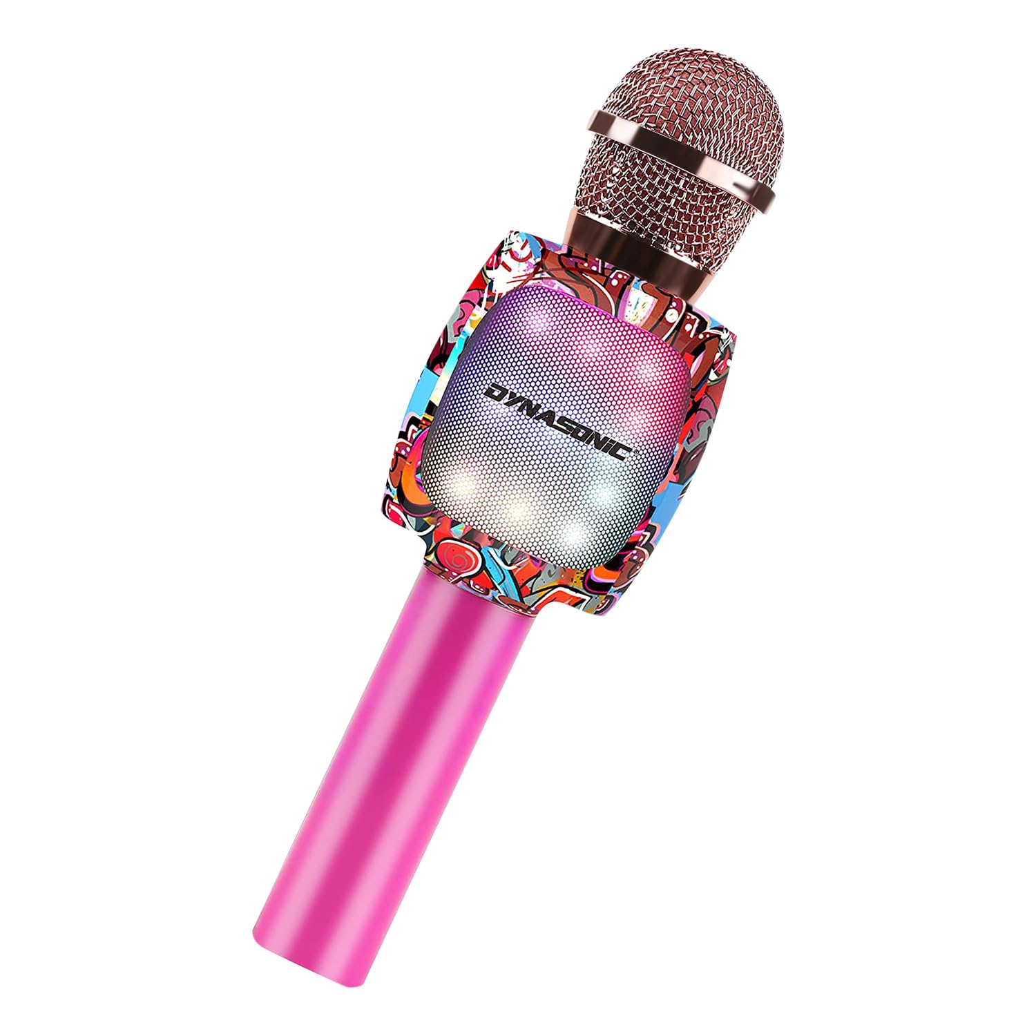 DYNASONIC Micrófono Karaoke Bluetooth, Juguetes para niños y niña Microfono Inalámbrico Karaoke Portátil con Luces LED para Niños, Regalos Originales niños (DM-05 Rosa)