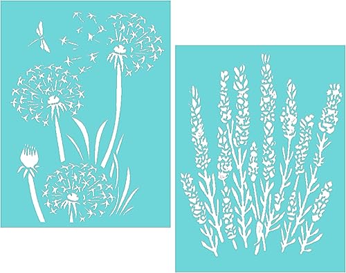 Kit de plantillas de pantalla de seda de diente de león y lavanda, plantillas adhesivas de malla de flores reutilizables para pintura, plantillas de
