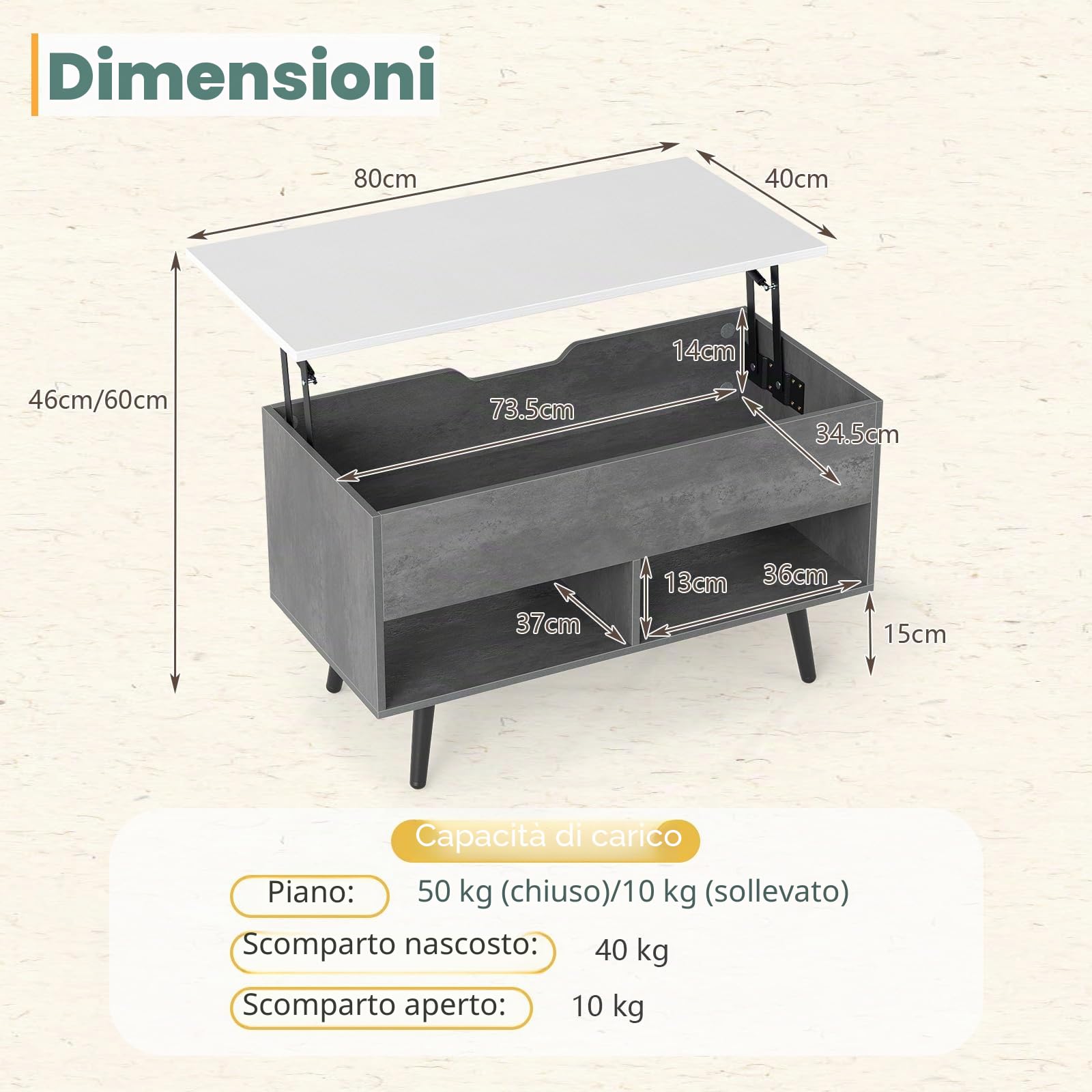 LIFEZEAL Tavolino Salotto Sollevabile, Tavolino Basso da Caffè, Soggiorno, Moderno, Salvaspazio, con Piano Elevabile, Gambe in Legno Massello, Contenitore, 2 Scomparti, 80x40x44,5-58cm (grigio)