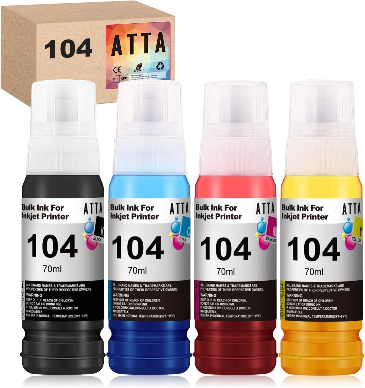 104 Ink Bottle Replacement for Epson 104 Etk 104 Compatible with Epson Etk ET-2710 ET-2810 ET 2711 ET-2712 ET-2714 ET-2715 ET-2720 ET-2721 ET-2726 ET-4700 Printer Ink Refill Kit (B/C/Y/M)