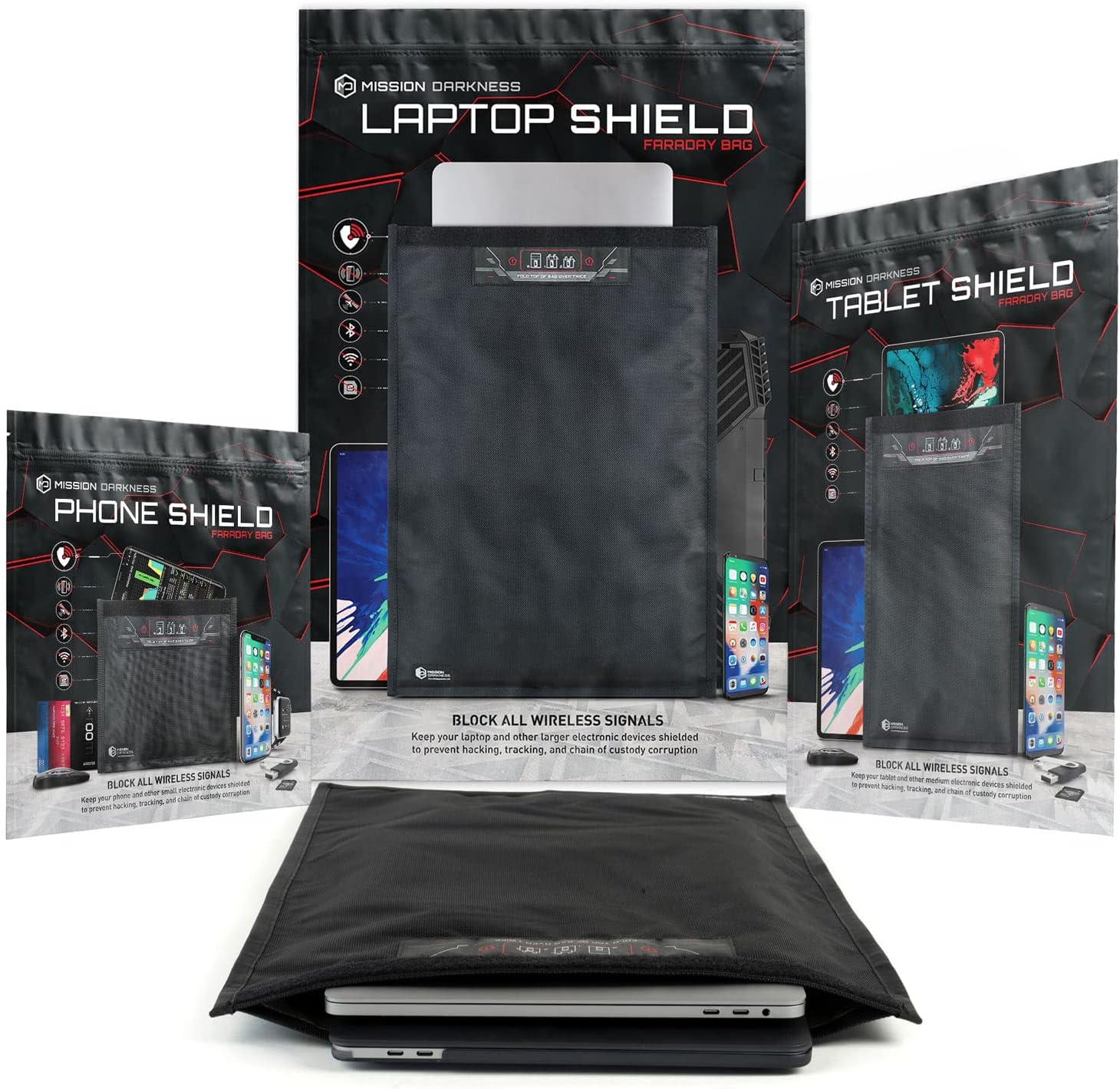 Mission Darkness Non-Window Faraday Bag Collection Includes Phone, Tablet, and Laptop Size Bags - RF Shielding, Signal Isolation, EMF Reduction, EMP Protection, Anti-Tracking Hacking Spying