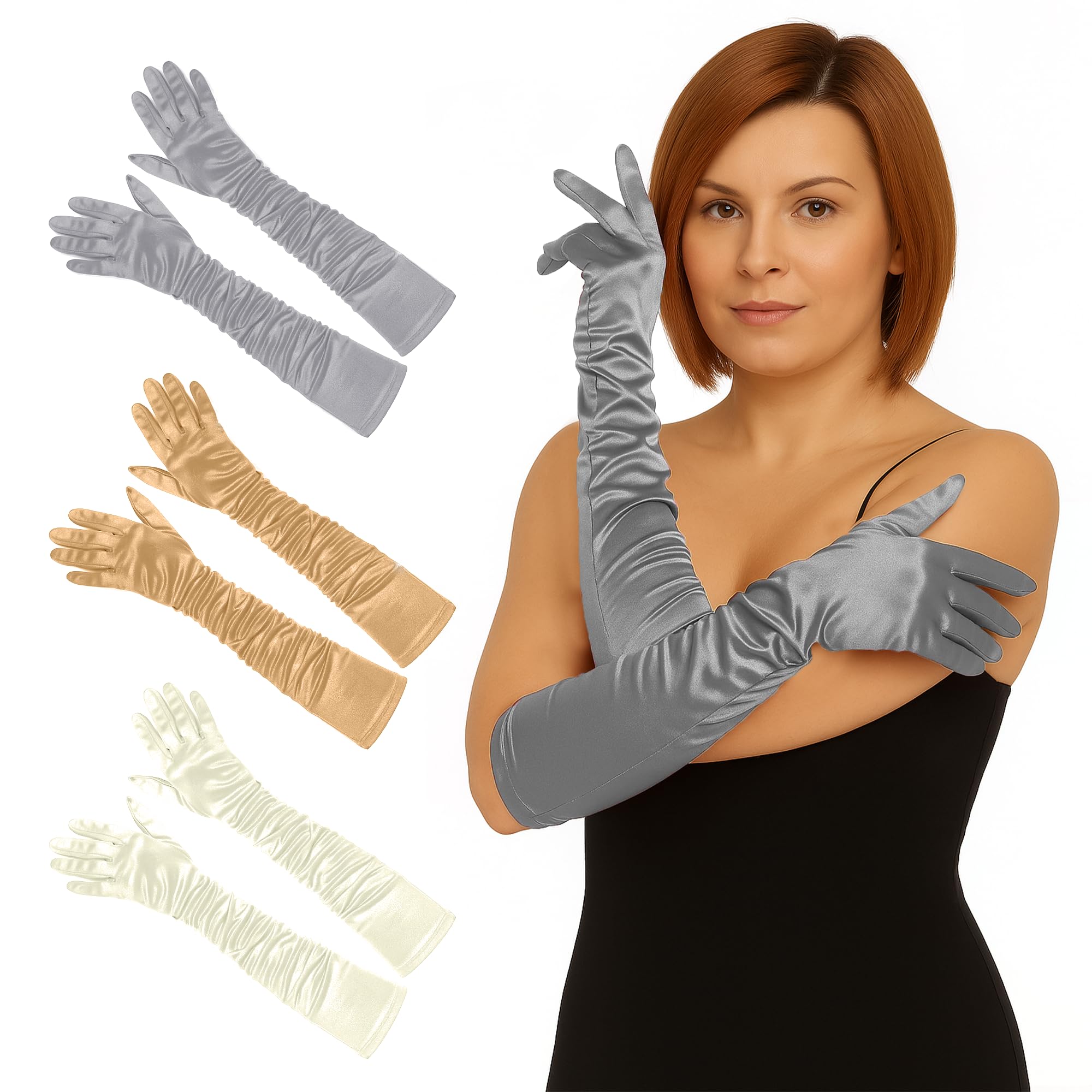 Womens Long Satin Gloves - Elbow Length Bridal Ruched Fancy Dress Wedding Evening Party Opera Gloves For Women UK, Silver, Golden, Ivory