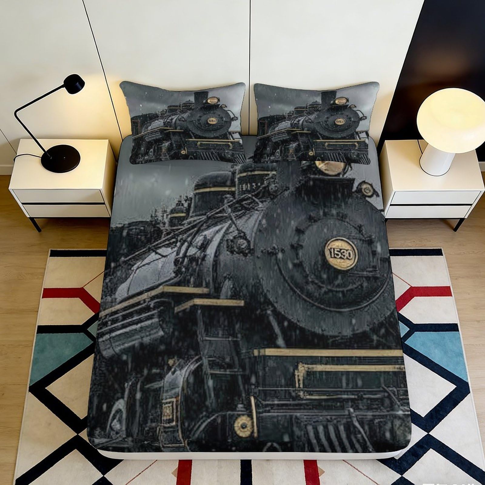 Uynsixtme Style-6 3D Printed Steam Train Fitted Sheet Microfiber Deep Pocket Elastic Edge Bedding Set Steam Train Mattress Fitted Cover Non-Slip For Bedroom 90X200x25cm
