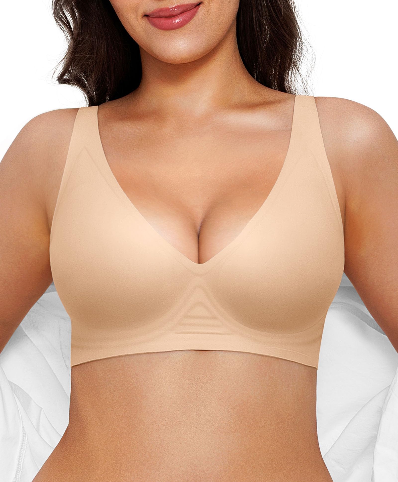 Popilush Wireless Bras Women Seamless No Underwire Push Up Bra Supportive Deep V Bralette Everyday Comfortable T-Shirt Bra X-Large A-skin