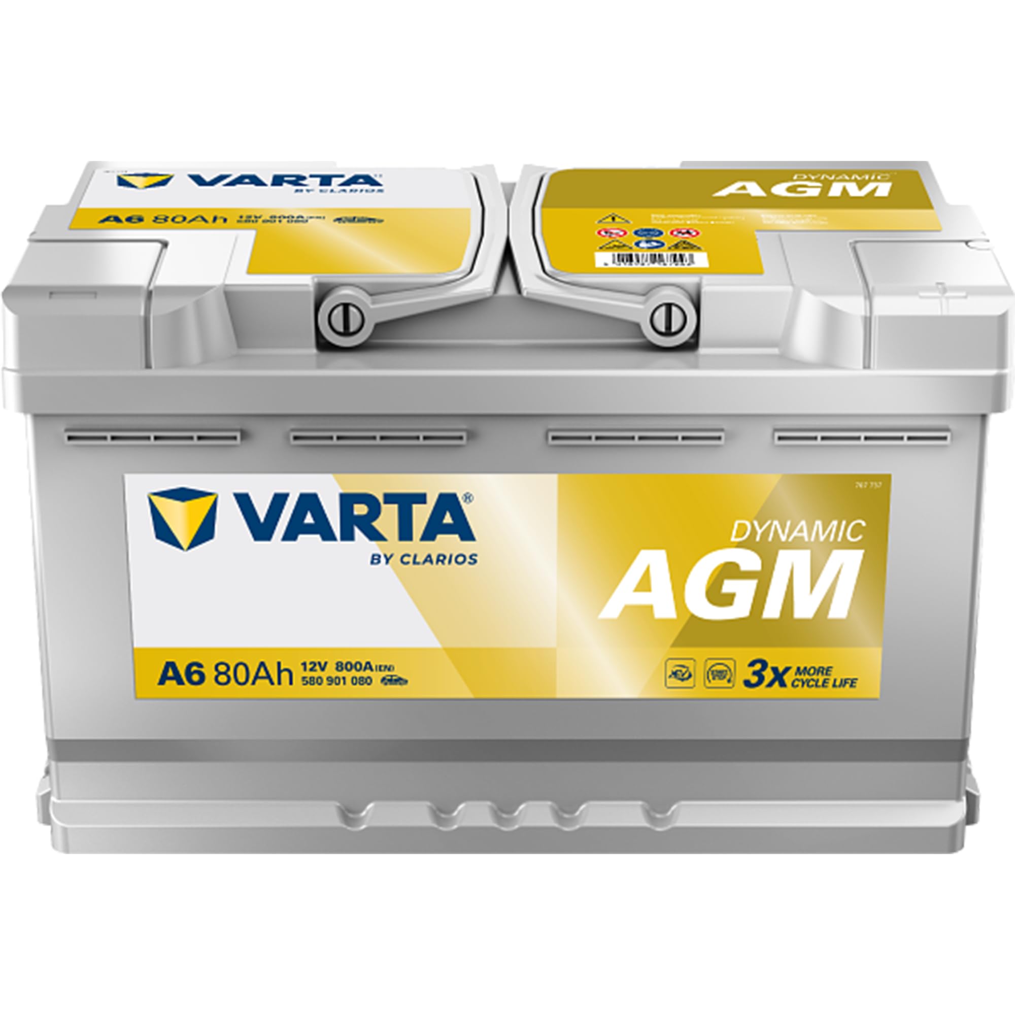 VARTA Automotive DYNAMIC AGM (A6) 12V 80Ah 800A - Nassbatterie für Start-Stopp Systeme und xEV - Starterbatterie für Autos mit höherem Energiebedarf - Wartungsfreie Bleisäurebatterie