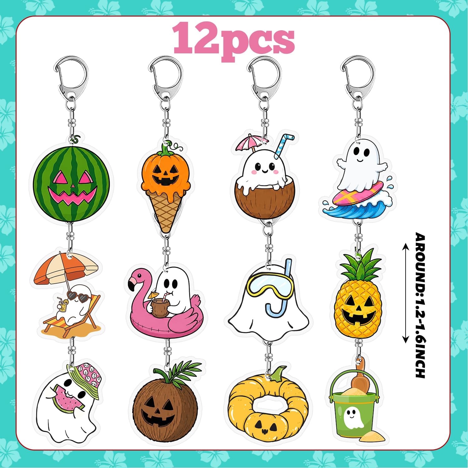 12 PCS Summer Halloween Party Favors Summerween Acrylic Keychains for Beach Halloween Birthday Party Decorations Supplies Gifts for Kids Classroom Prizes