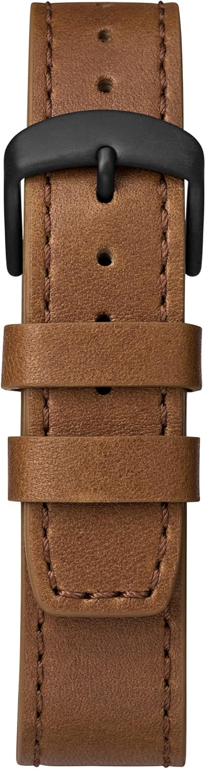 Close-up of Timex TW4B17400 watch brown leather strap and buckle