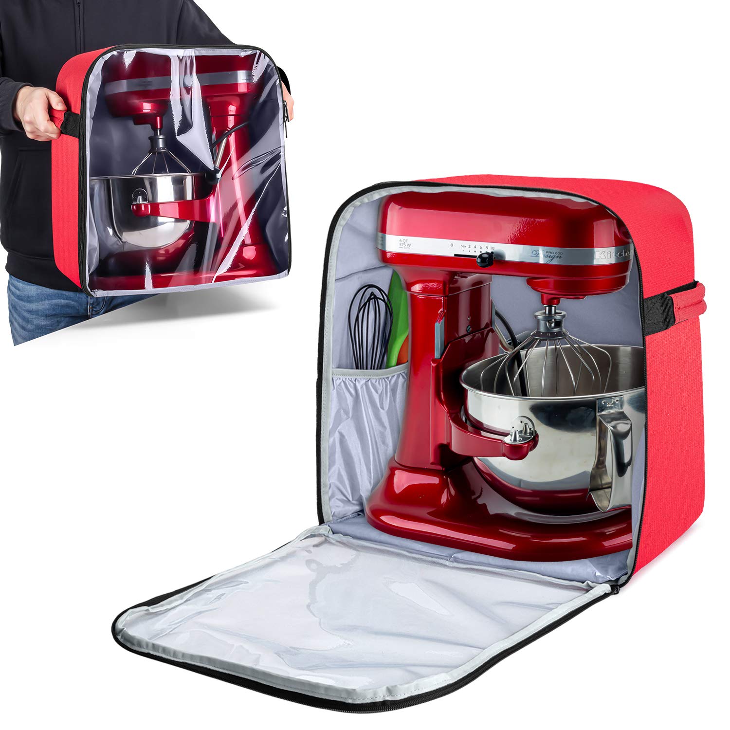 Luxja Dust Cover Compatible with 6-8 Quart KitchenAid Mixers (with a Bottom Padding Pad), Dust Cover (Clear Front Panel) for Stand Mixers and Extra Accessories, Red (Patented Design)