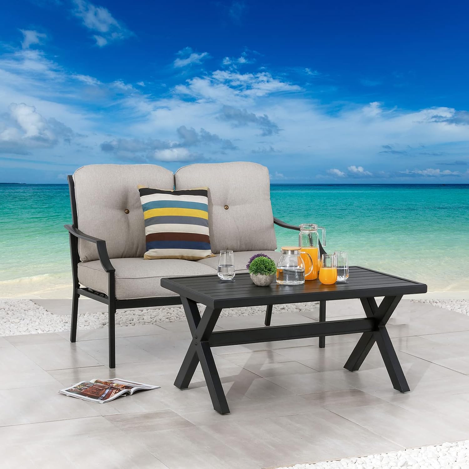 Festival Depot 2 Pcs Patio Loveseat with Thick Cushions and Coffee Table Metal Small Conversation Set Outdoor Furniture for Garden Bistro (Beige)