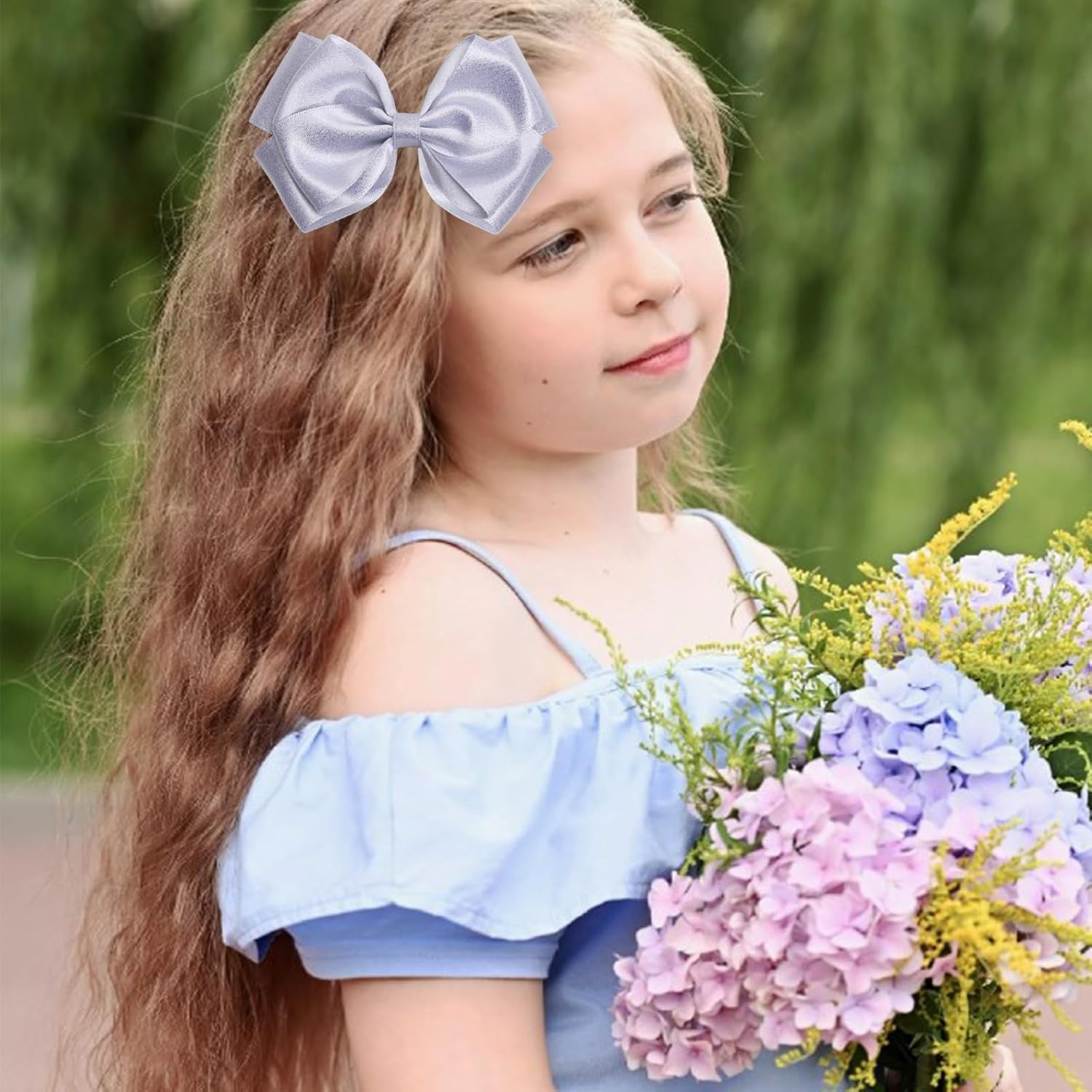 4.5-Inch Hair Bows Alligator Clips Delicate Satin Hair Accessories for Girls, Toddler, Kids and Women Birthday Wedding Christmas Occasions- Set of 2 (Sliver) image 2