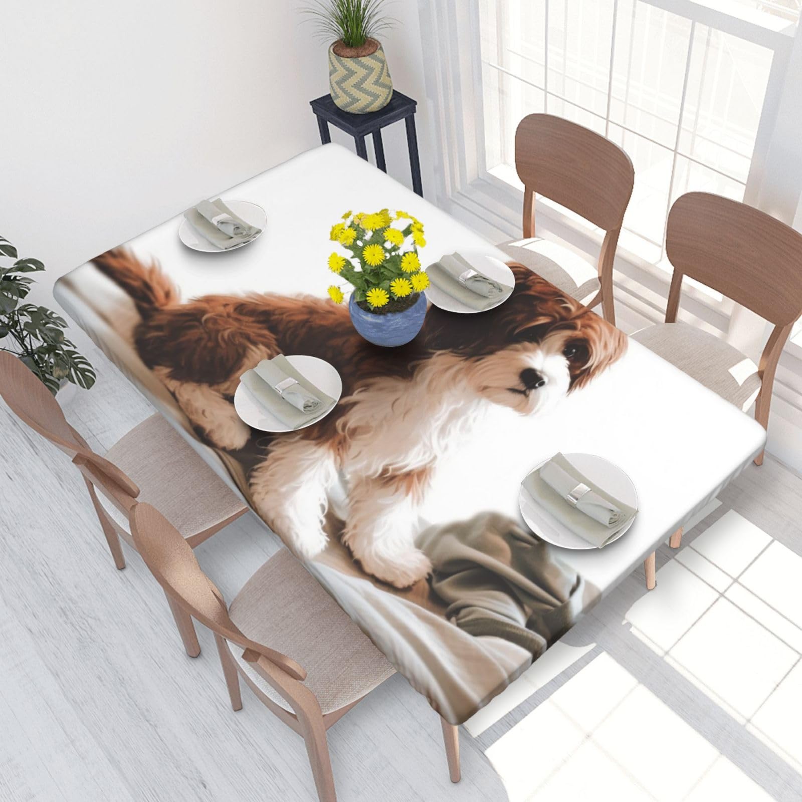 Pet Dog Waterproof Square Table Cover Elastic Fitted Tablecloth Oil Proof Table Protector For 4ft Table