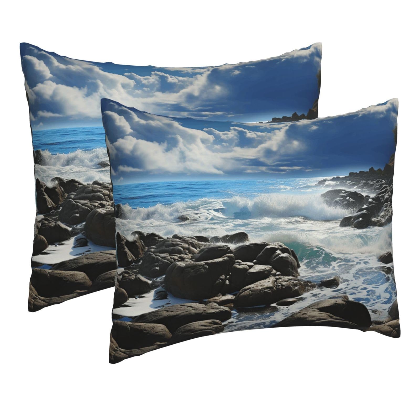 2 Pack Pillow Cases with Hidden Zipper, Soft Breathable Pillow Covers for Hair and Skin, Ocean Pouring Over Coastal Rocks Pillowcases 16"x20" Bed Pillow Protectors Cover for Sleeping Gifts