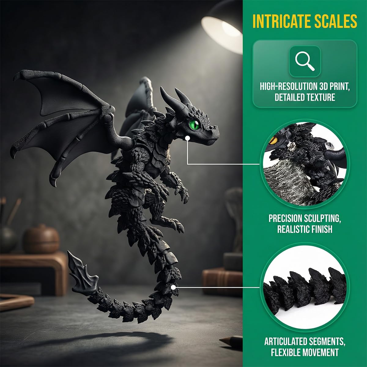 11.8 Inches 3D Printed Dragon Toys with Eyes & Wings, Flexible Articulated 3D Printed Animals Crystal Desktop Dragon Figures - Image 3
