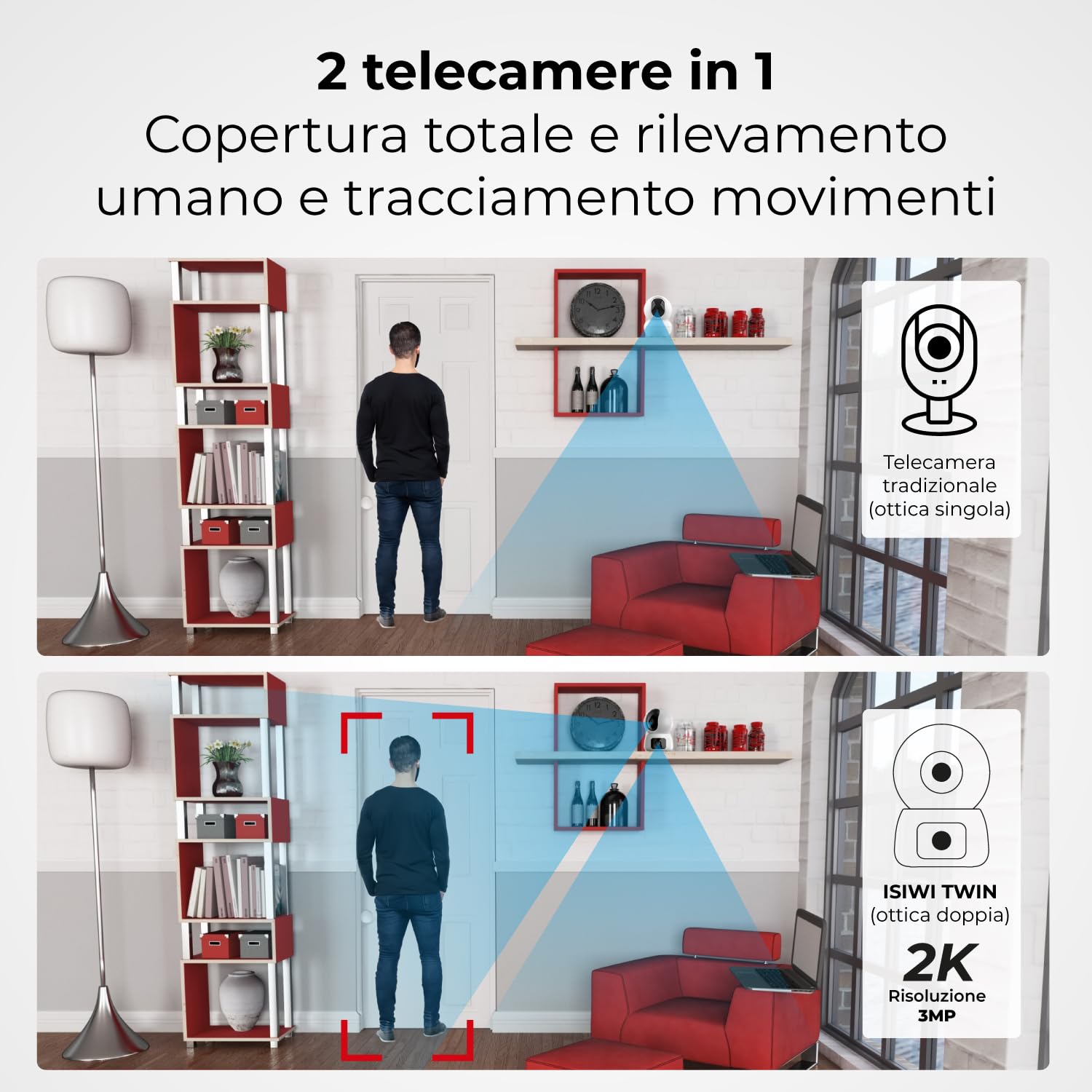 TWIN Telecamera Wi-Fi Interno 2K 3MP+3MP, Doppia Lente, PT, Videocamera sicurezza, Rilevamento persone, Tracciamento movimenti, 2.4/5GHz Visione Notturna Audio registrazione SD-Cloud/NVR