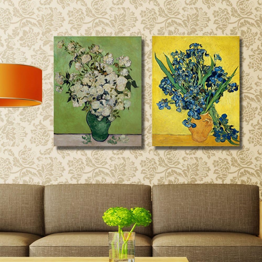 Wieco Art Irises in Vase Floral Canvas Prints Wall Art by Van Gogh Classic Artwork Famous Oil Paintings Reproduction on Canvas for Bedroom Home Decor 2 Piece Modern Wrapped Giclee Flowers Pictures