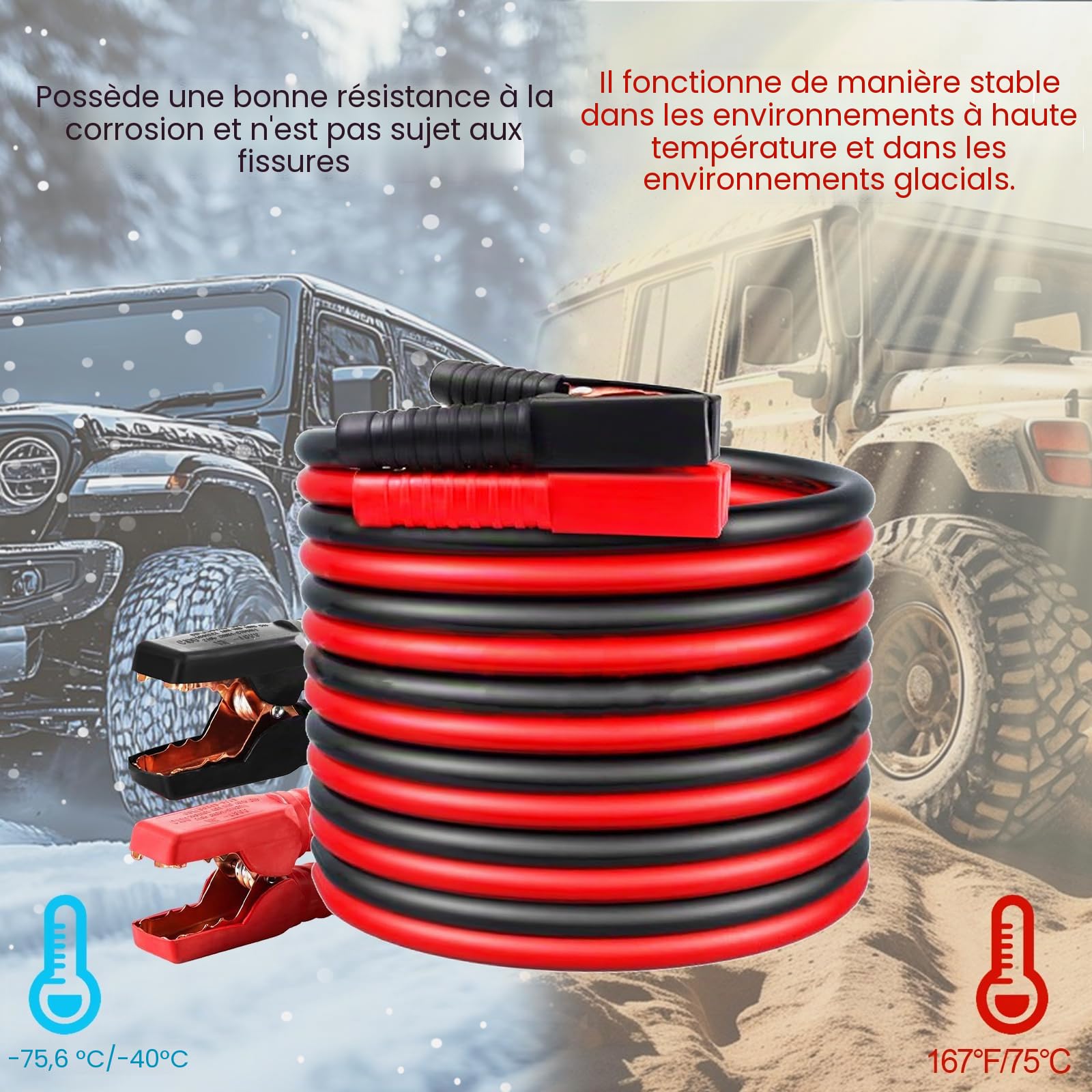 Câbles de démarrage pour voiture, câbles de démarrage robustes de 4 m, câbles de démarrage de batterie de voiture 2000 A avec gants