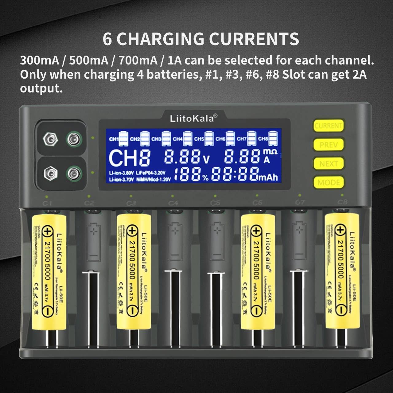 18650 ładowarka do baterii LiitoKala Lii-S8 8 zatok inteligentna ładowarka 9V z wyświetlaczem LCD do akumulatora litowo-jonowego LiFePO4 Ni-MH Ni-Cd AA AAA C 21700 26650 13650 16340 18700 RCR123