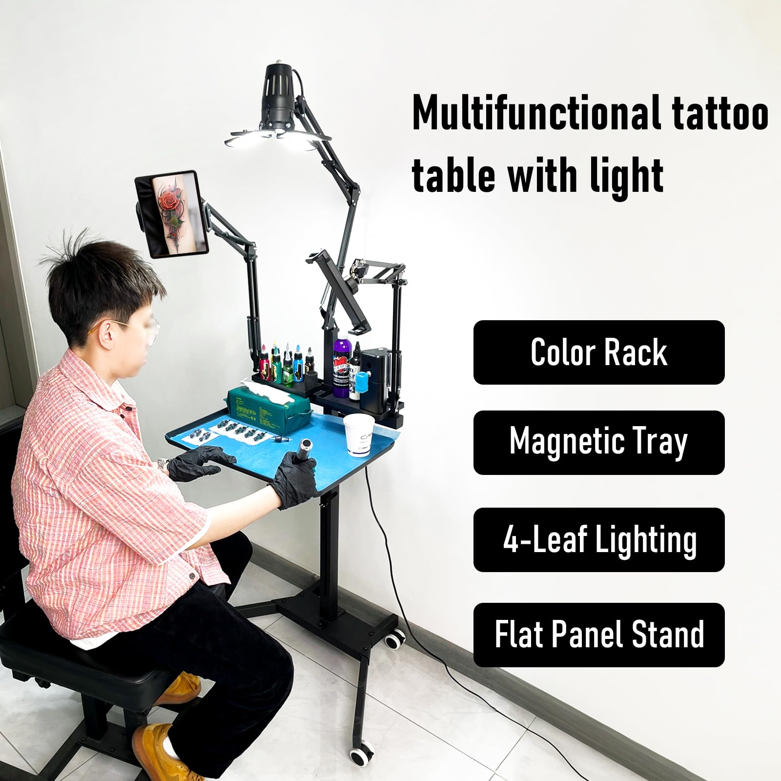 JZsmpmu Multifunctional Tattoo Workstation, Tattoo Light and Stand for Tablets and Mobile PhonesTattoo Table with Wheels