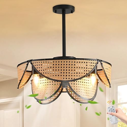 Miniatura 15 de Ganeed - Ventilador de techo estilo Boho de 20 pulgadas con luz, ventilador de techo enjaulado de ratán con luz y control remoto, motor reversible