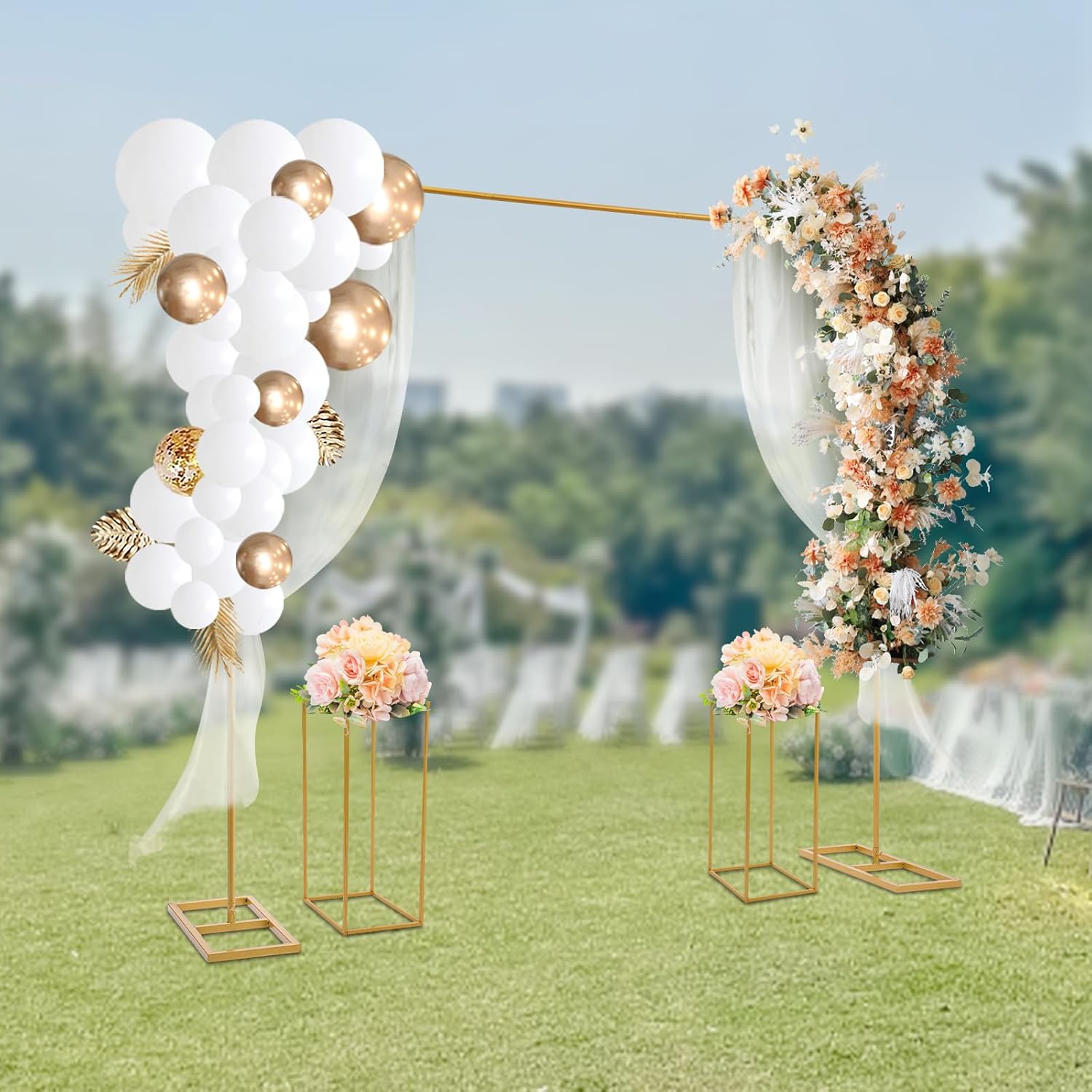 Metal Wedding Stand Wedding Arch Backdrop Stand Set with 3 * Gold Balloon Stand for Wedding Ceremony Birthday Party Baby Shower Anniversary Decoration 17.6lbs Load Capacity