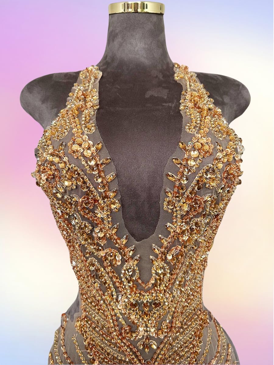 Handmade Rhinestones Large Bodice Applique Glass Stones Beads Bright Crystal Lace Patches Accessories for Weding Dress Decorations (Champagne)
