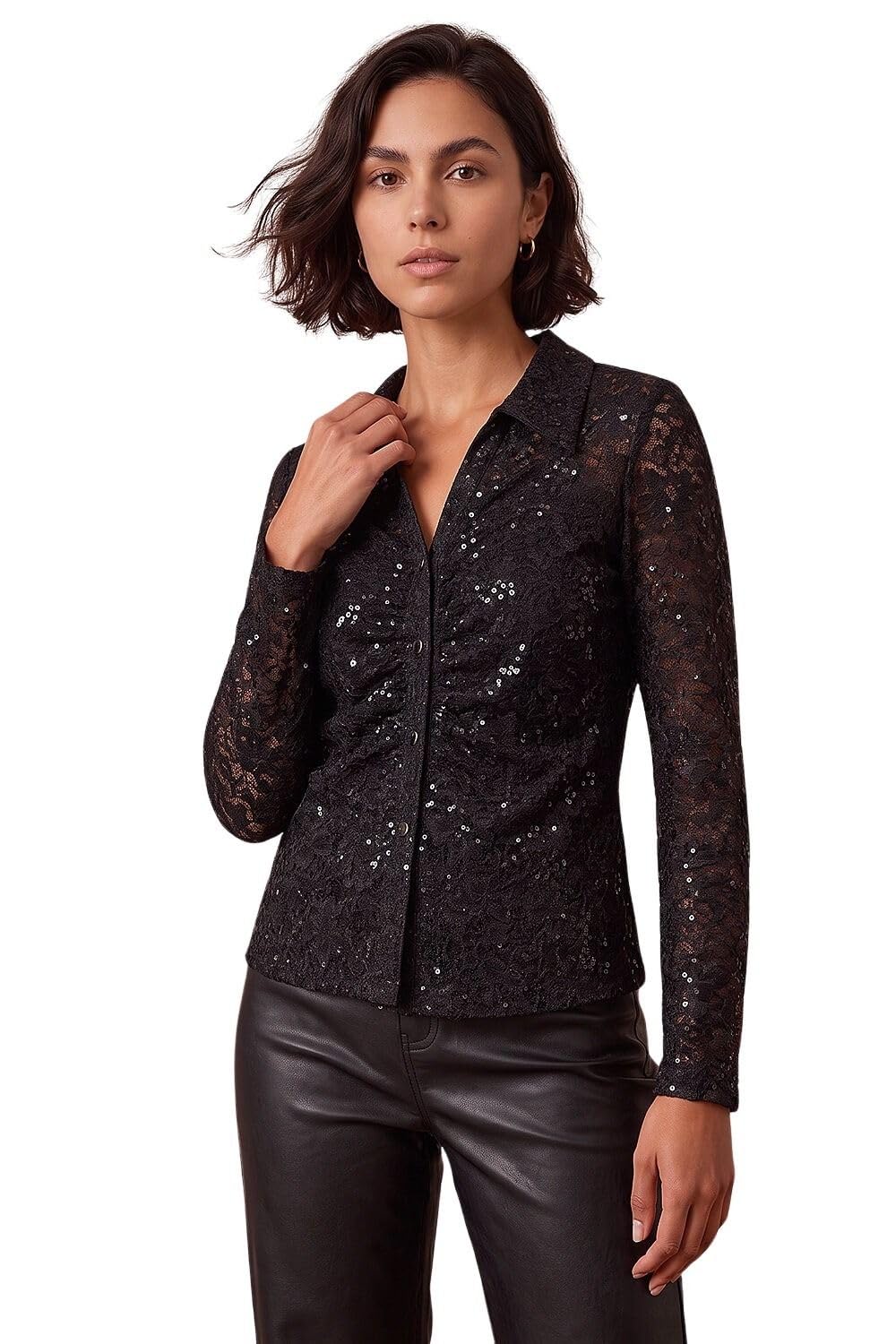Roman Originals Sequin Lace Collared Blouse for Women UK - Ladies Everyday Autumn Winter V-Neckline Comfy Soft Evening Vacation Work Party Night Out