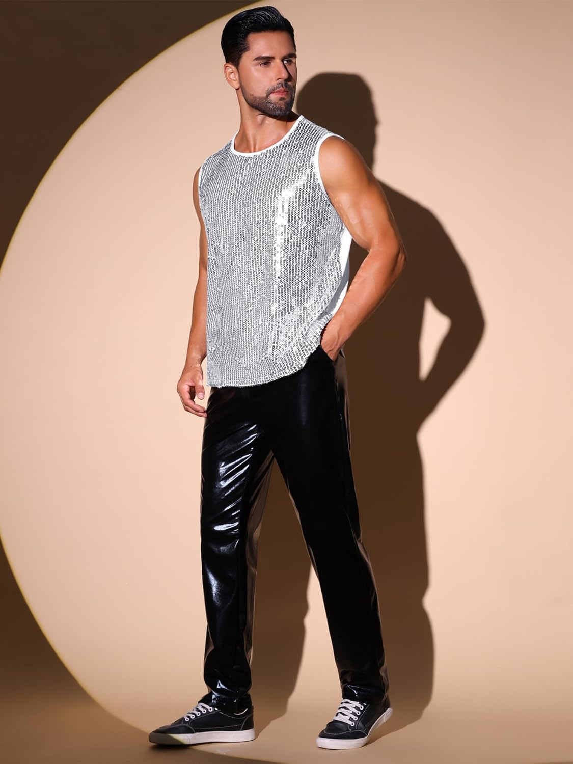 Lars Amadeus Sequin Tank Top for Men's Patchwork Sleeveless Party Night Out Sparkle Vest - Image 4