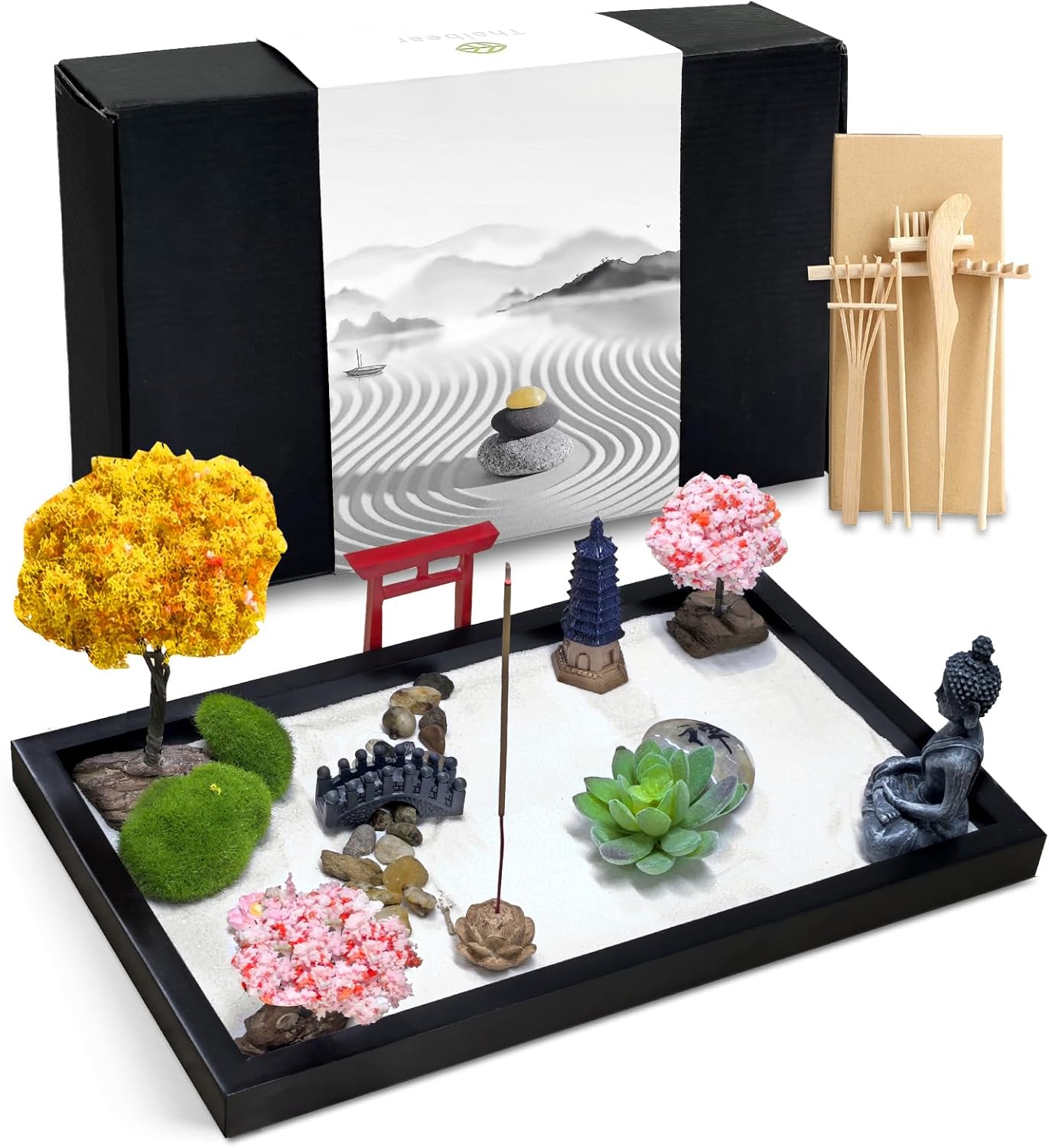 Zen Garden for Desk Decor - Premium Beautiful Japanese Mini Zen Sand Garden Kit Box for Home, Office Desk with Black Wooden Tray, White Sand, Tools, Red Gate, Buddha - Desktop Set