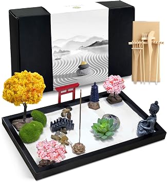 Zen Garden for Desk Decor - Premium Beautiful Japanese Mini Zen Sand Garden Kit Box for Home, Office Desk with Black Wooden Tray, White Sand, Tools, Red Gate, Buddha - Desktop Set