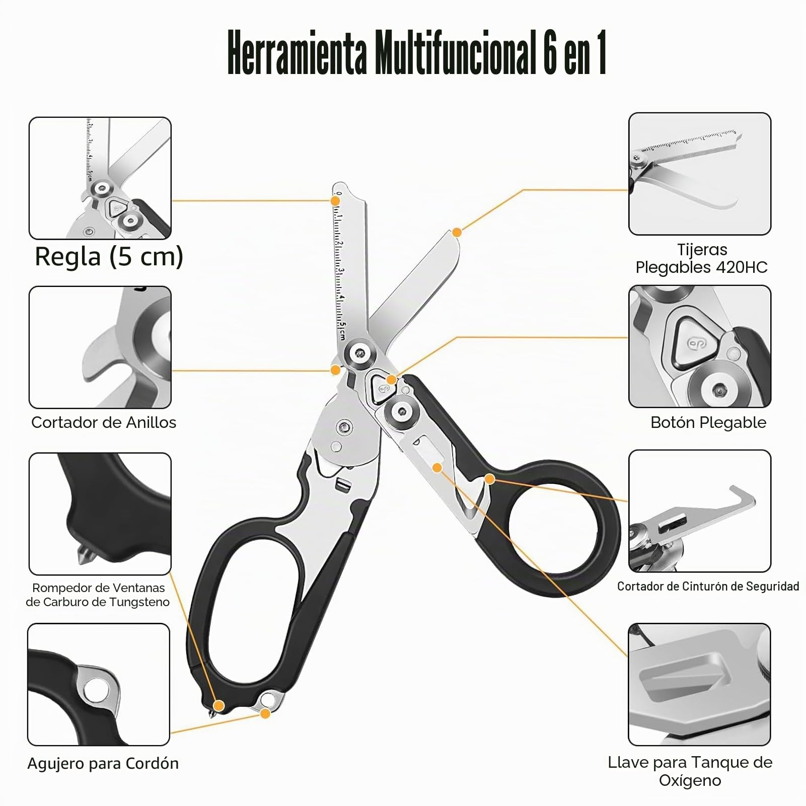 Tijeras de rescate multiherramienta con 6 prácticas funciones, pinzas plegables de acero inoxidable, tijeras de emergencia Raptor Response, tijeras de rescate con funda, herramientas de rescate