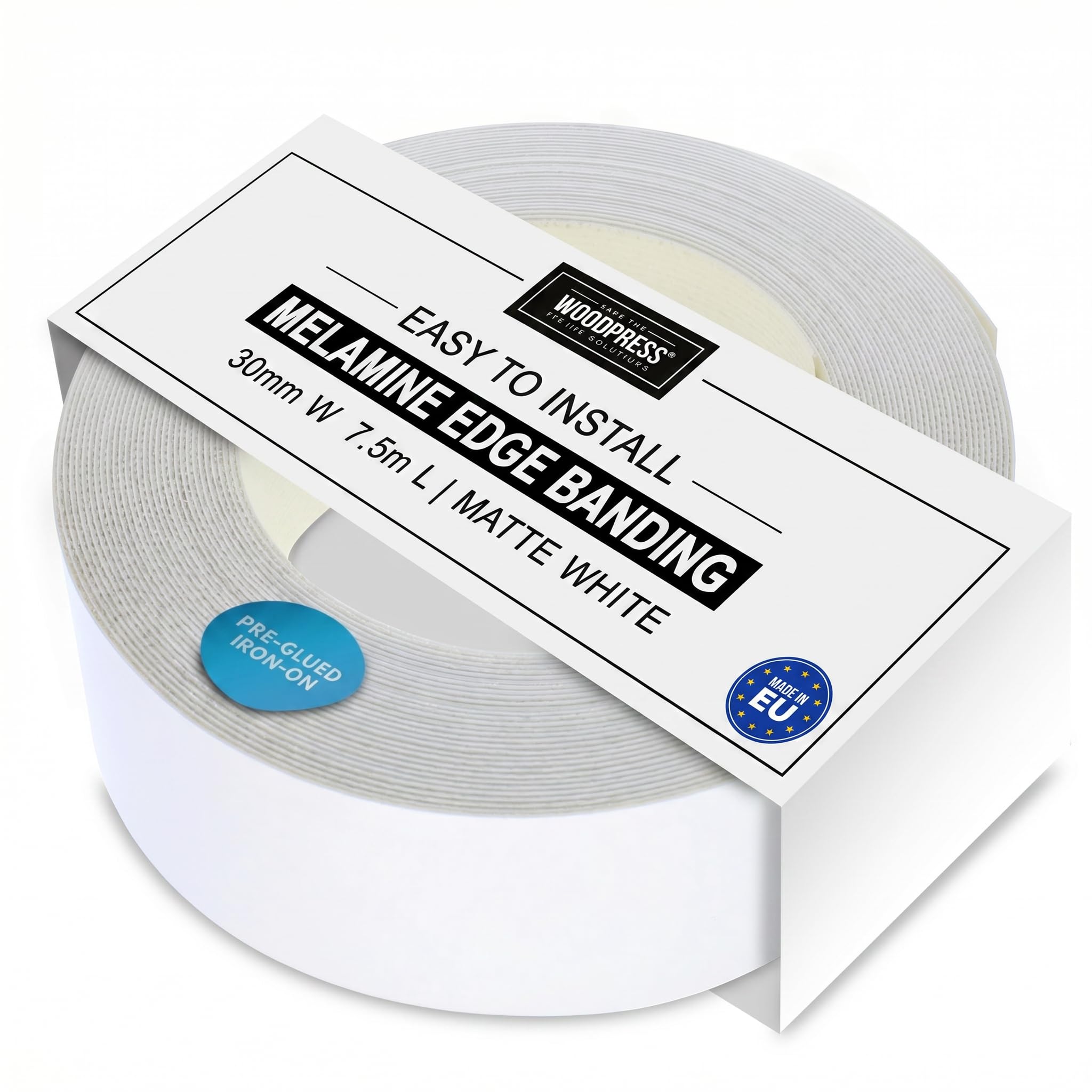 WoodPress® 30mm Matt White Melamine Edging, Pre-Glued Veneer Tape – 7.5m Roll - Iron-On for Easy DIY Application – Will Cover the Edge of a Standard MDF Panel