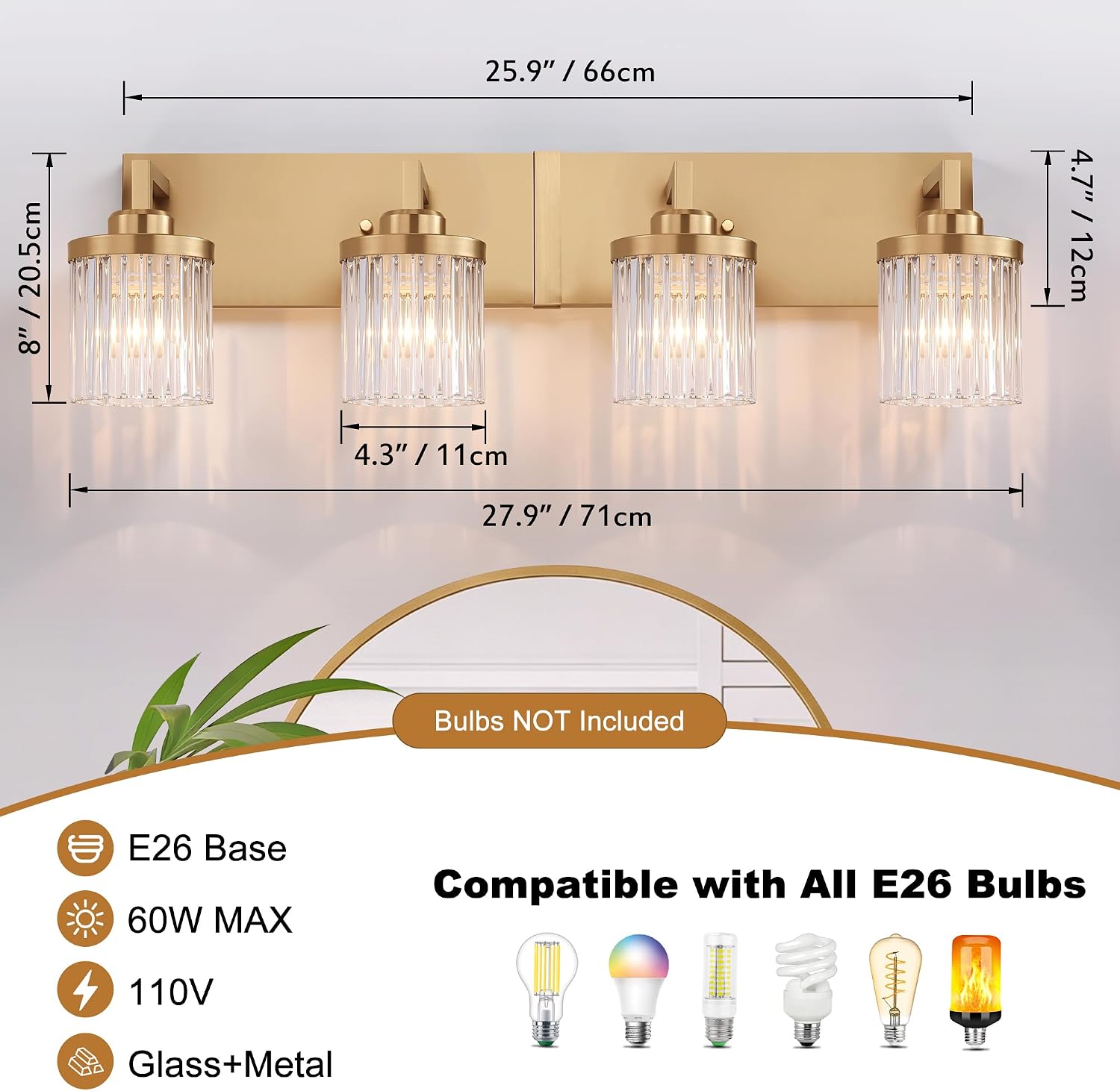 Modern Crystal Bathroom Light Fixtures, 4 Light Gold Vanity Lights, with Crystal Glass Shade, Industrial Bathroom Lighting Fixtures Over Mirror Wall Light for Bedroom Living Room