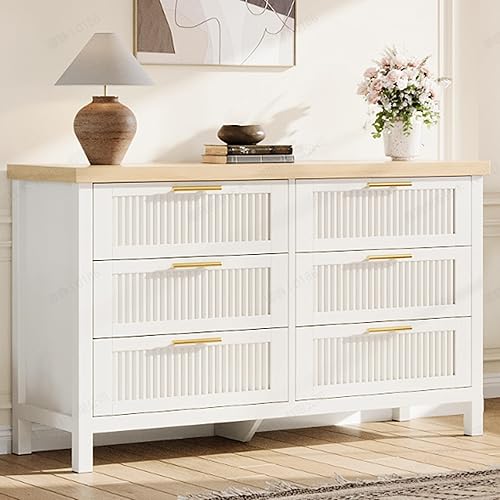 IDEALHOUSE Fluted 6 Drawer Dresser for Bedroom, 47.4'' Wide Mid Century Modern Chest of Drawers, Wooden Fluted Dresser Chest with Clothes Storage Cabinet, Large Drawer Organizer for Living Room, White