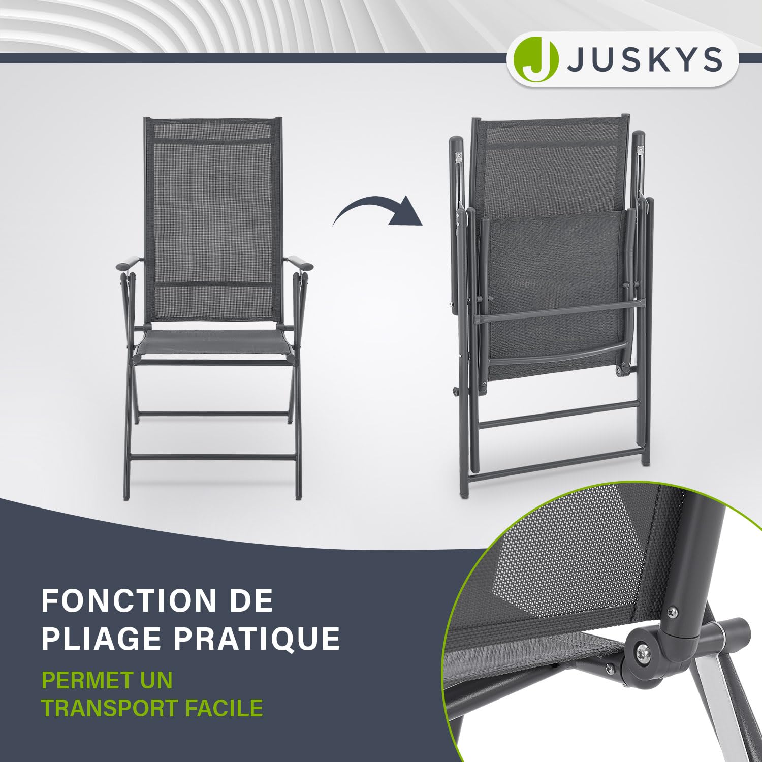 Juskys Chaise de Jardin Calena - Lot de 2 - Dossier 7 Positions, Pliable - Structure Acier thermolaqué, Tissu Respirant & Confortable