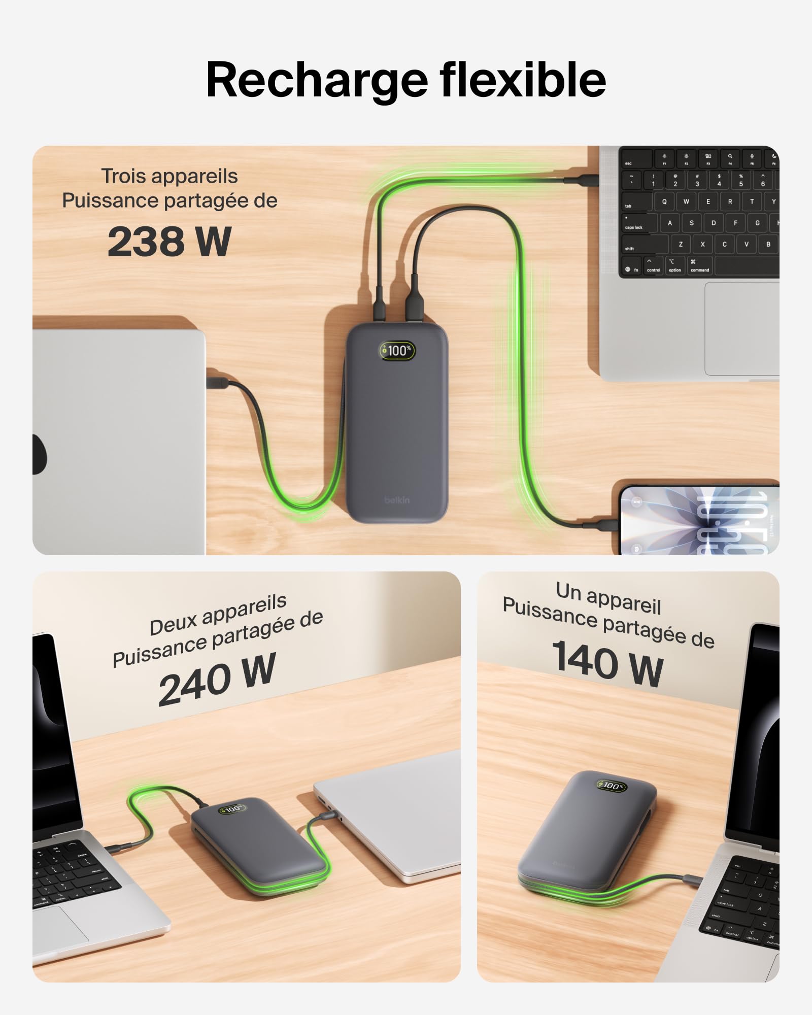 Belkin UltraCharge Pro Batterie Externe 27000mAh, Chargeur Portable avec Câble USB-C Intégré, USB PD 240 W, Power Bank Charge Rapide pour MacBook Pro, iPhone, iPad, Galaxy, Pixel, etc., Gris