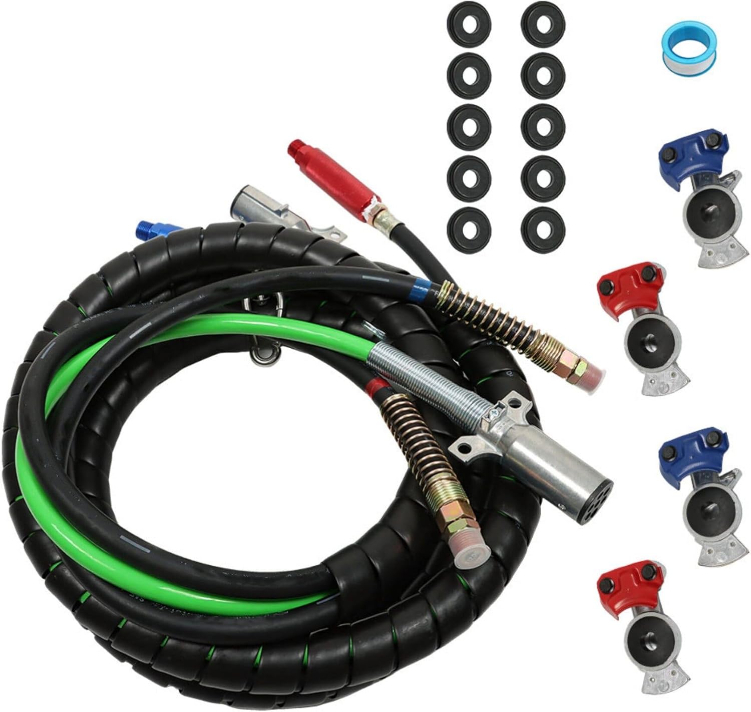 15FT 3 in 1 ABS & Power Airlines Hose Wrap Kit 7 Way Electrical Cable Replacement for Semi Truck Tractor Trailer with 4X Glad Hands, 2X Extension Handles, 10x Rubber Seals and Tape